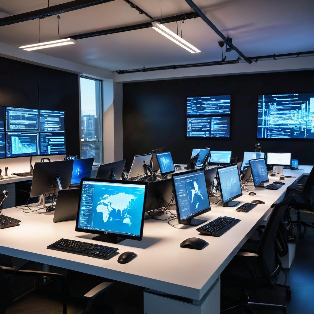 A sleek, modern workspace with multiple computer screens displaying complex code and stunning web designs, creative tools like graphic tablets, and a team of diverse experts collaborating enthusiastically. Super-realistic. High-tech vibe with vibrant colors. Bright and organized environment.