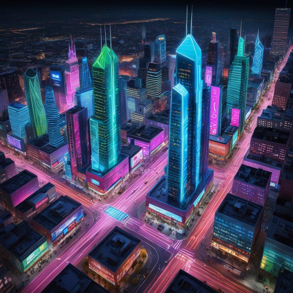 A dynamic and futuristic digital cityscape, featuring interconnected networks and a sleek, modern skyscraper labeled 'Carson Industries'. The city is alive with vibrant neon lights and holographic displays showcasing web and IT services. Incorporate abstract elements like circuit board patterns blending with the environment, symbolizing advanced technology integration. super-realistic. vibrant colors. 3D rendering.