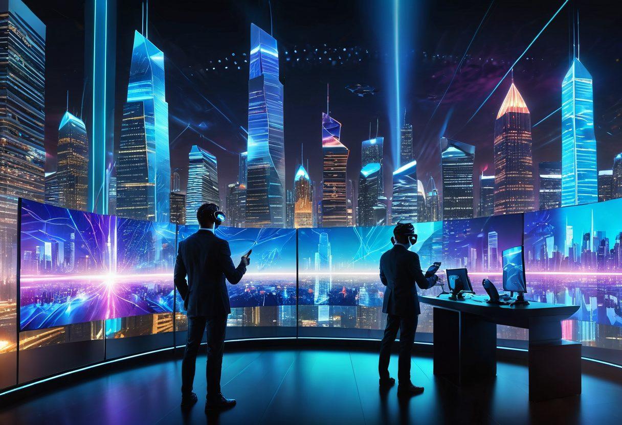 A futuristic skyline with towering skyscrapers glowing with cutting-edge technology, a diverse team of IT professionals collaborating with holograms and advanced gadgets, and digital data streams weaving through the air. Include elements of innovation like AI robots, cybersecurity shields, and virtual reality environments. super-realistic. vibrant colors. 3D.